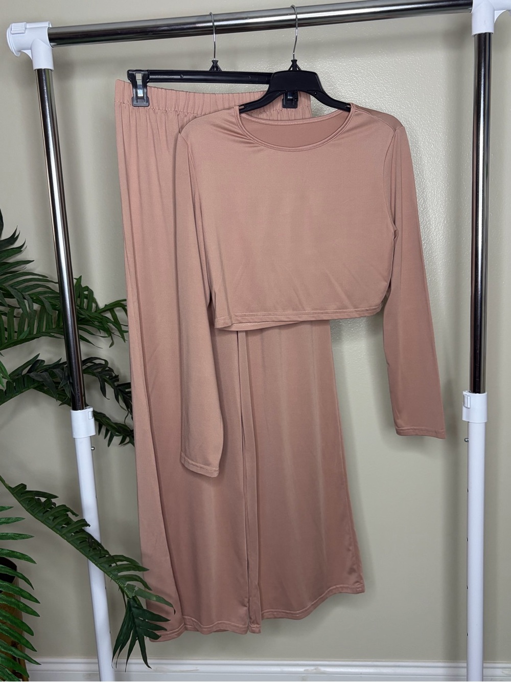 Beige Lounge Set Matching Long Sleeve Crop Top Wide Leg Pants Cozy
